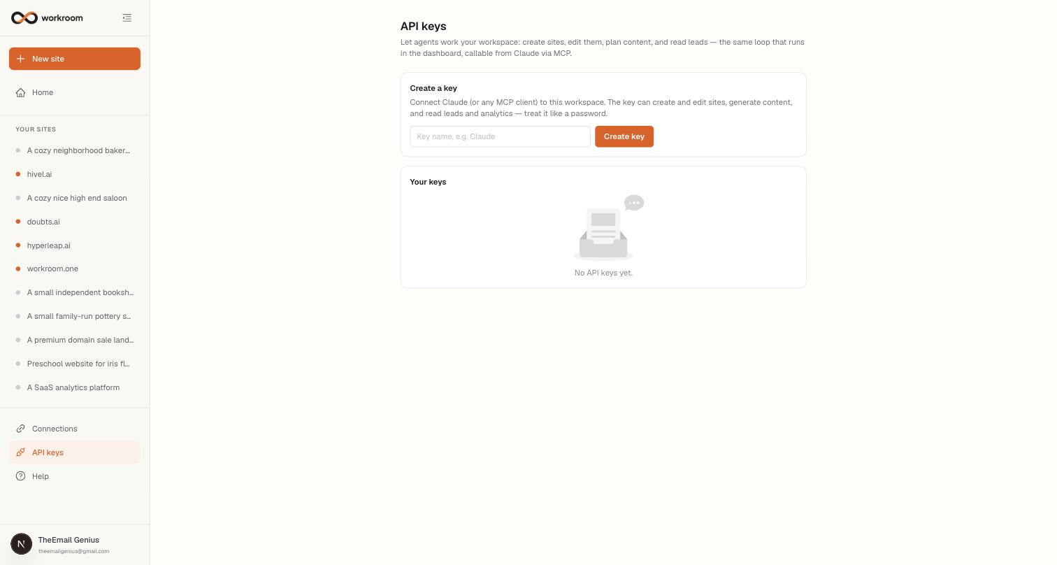 The API keys page with a Create a key form and an empty Your keys list