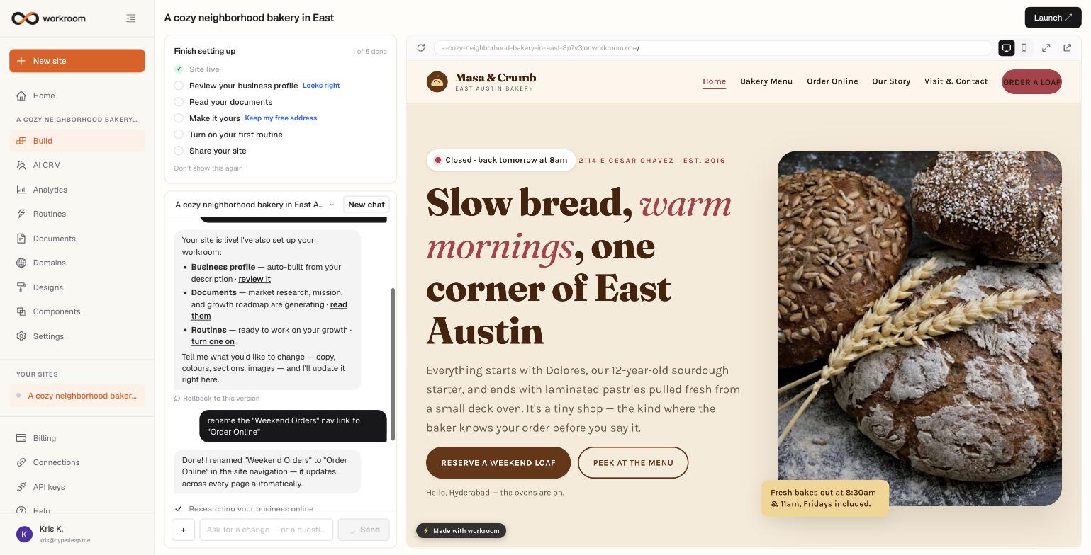The Build view with a setup checklist and chat conversation on the left and the live Masa & Crumb bakery website on the right