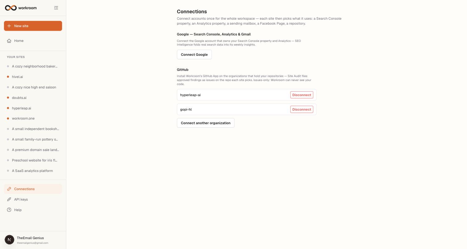 The Connections page with a Google section showing a Connect Google button and a GitHub section listing two connected organizations with Disconnect buttons and a Connect another organization button