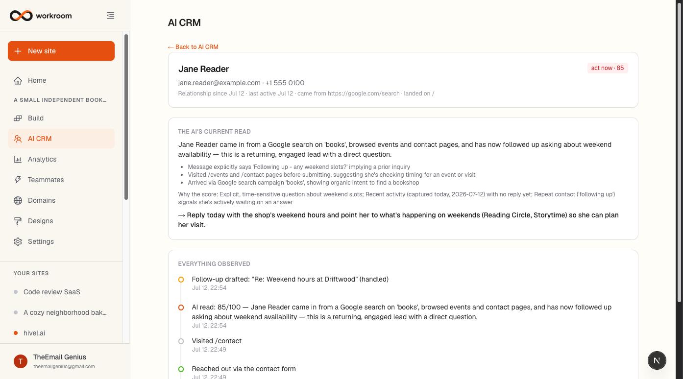A contact's page in the AI CRM showing their details, where they came from, the AI's current read with intent signals and a suggested action, and an Everything observed timeline of visits, enquiries, and drafts