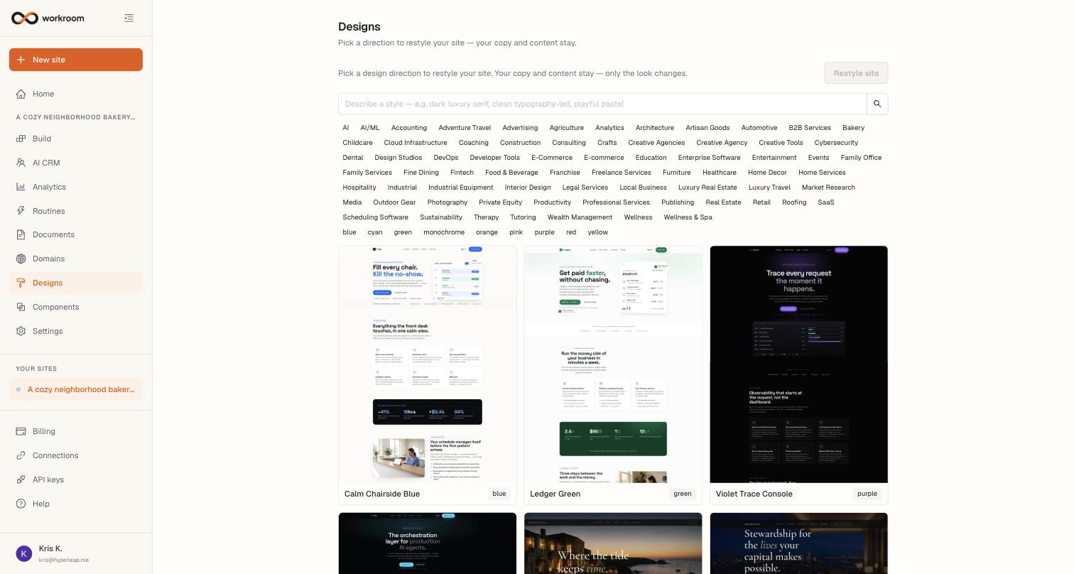 The Designs page with a style search box, industry and colour filter tags, and a grid of design direction thumbnails