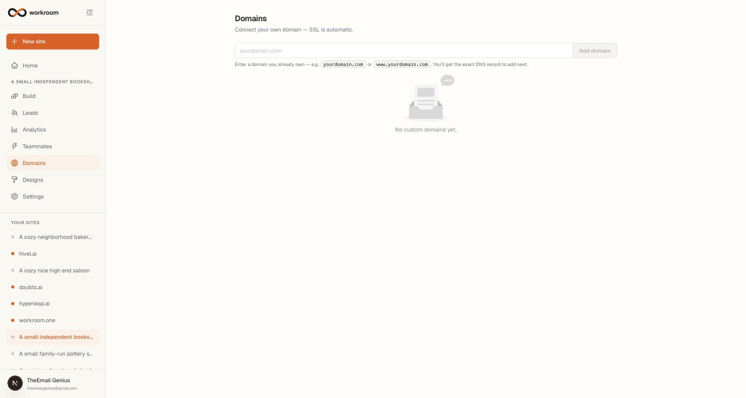 The Domains page with a field to enter your domain and an Add domain button, showing the empty state before any custom domain is added