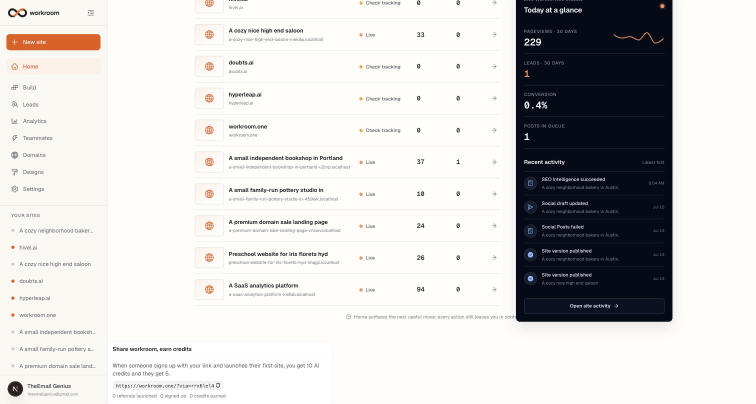 The bottom of the Home page showing the Share workroom, earn credits card with a copyable referral link and referral stats