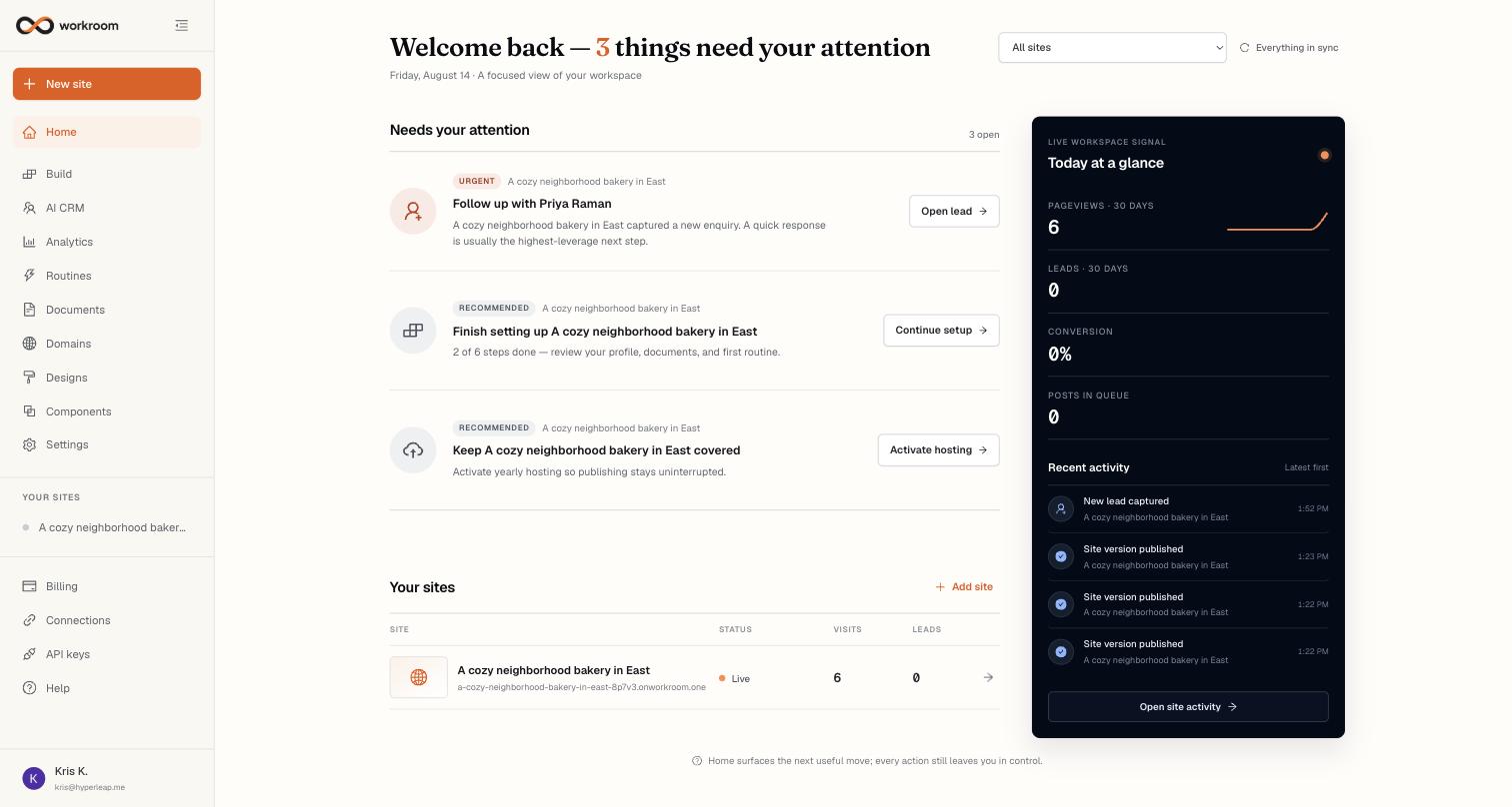 The workspace Home with a Needs your attention list, a Today at a glance panel with pageviews, leads, conversion and recent activity, and a Your sites table