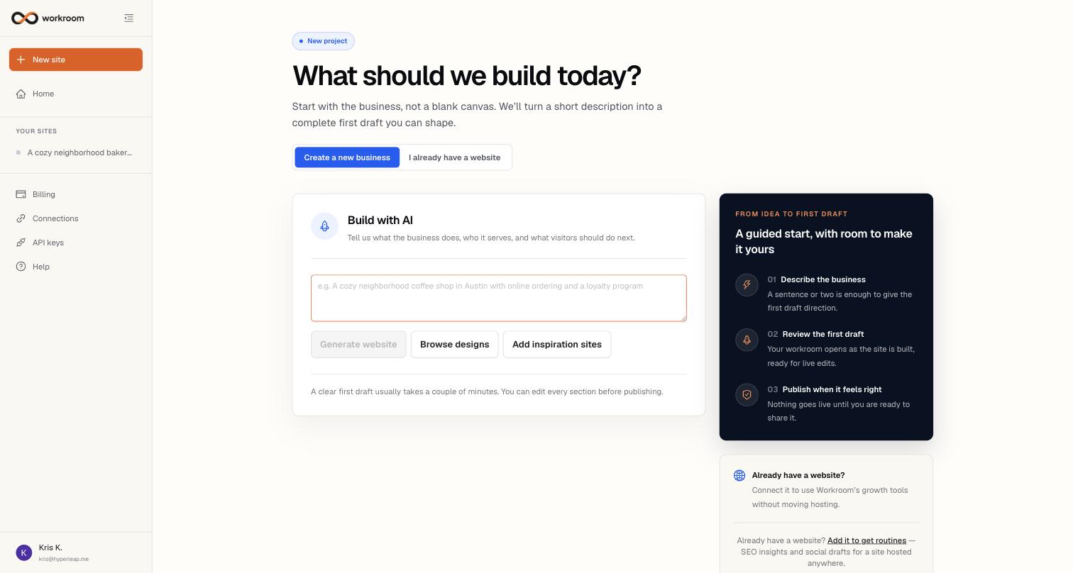The New site page with the Build with AI form, a description box, and Generate website, Browse designs, and Add inspiration sites buttons