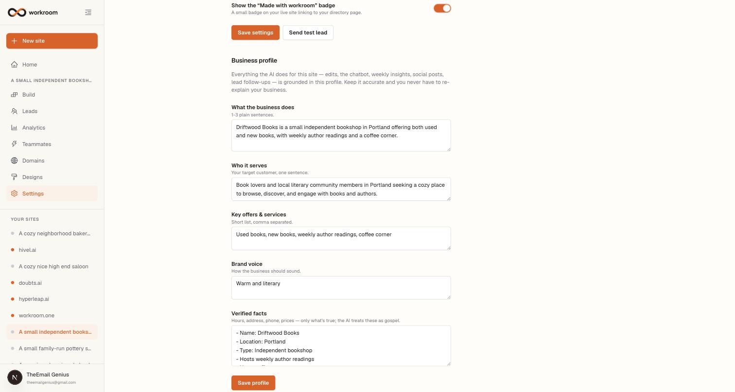 The Business profile section of Settings with fields for what the business does, who it serves, key offers, brand voice, and verified facts, plus Google connections and Version history below