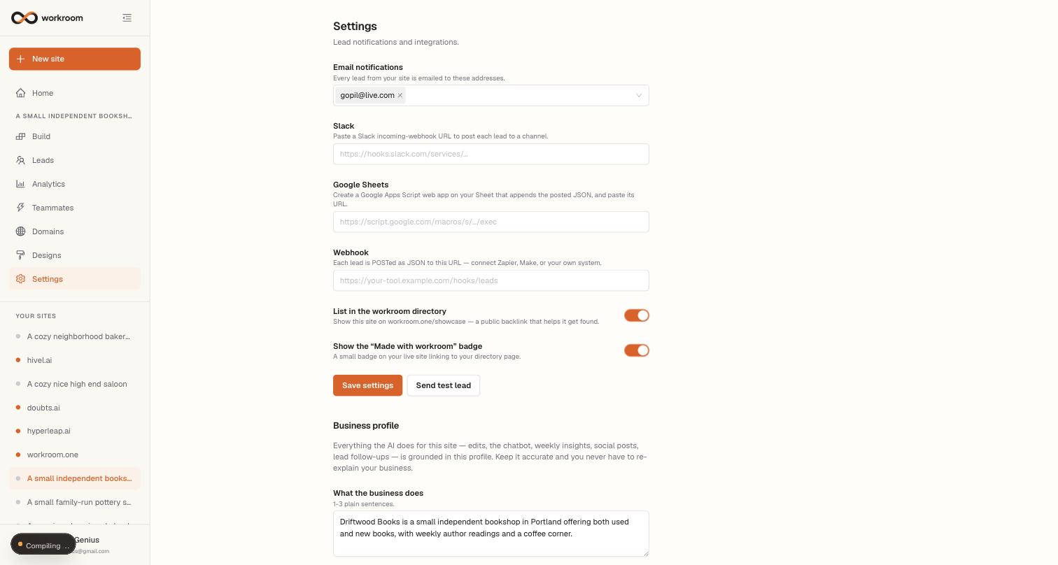 The Settings page with email notification addresses, Slack, Google Sheets, and webhook fields, directory and badge toggles, and Save settings and Send test lead buttons